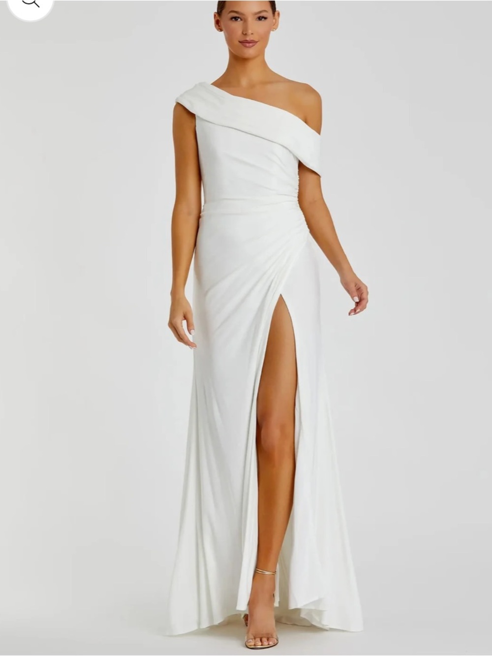 One-Shoulder White Evening Gown with High Slit